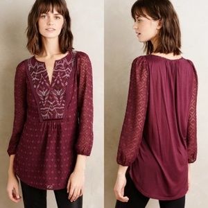 Anthropologie Purple Stitched Sequin Peasant Top